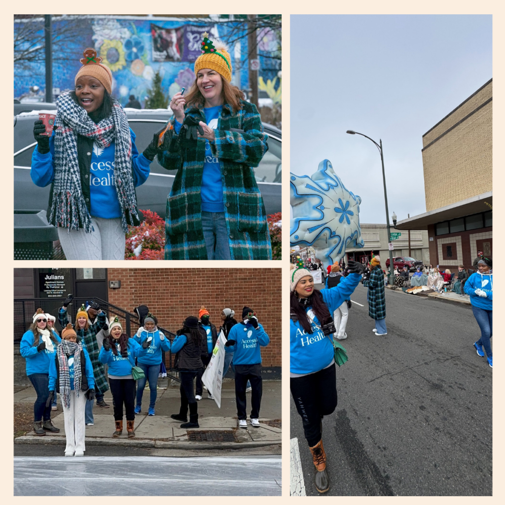 A collage of different scenes from the 2025 Christmas Parade that Accessia Health staff walked in.