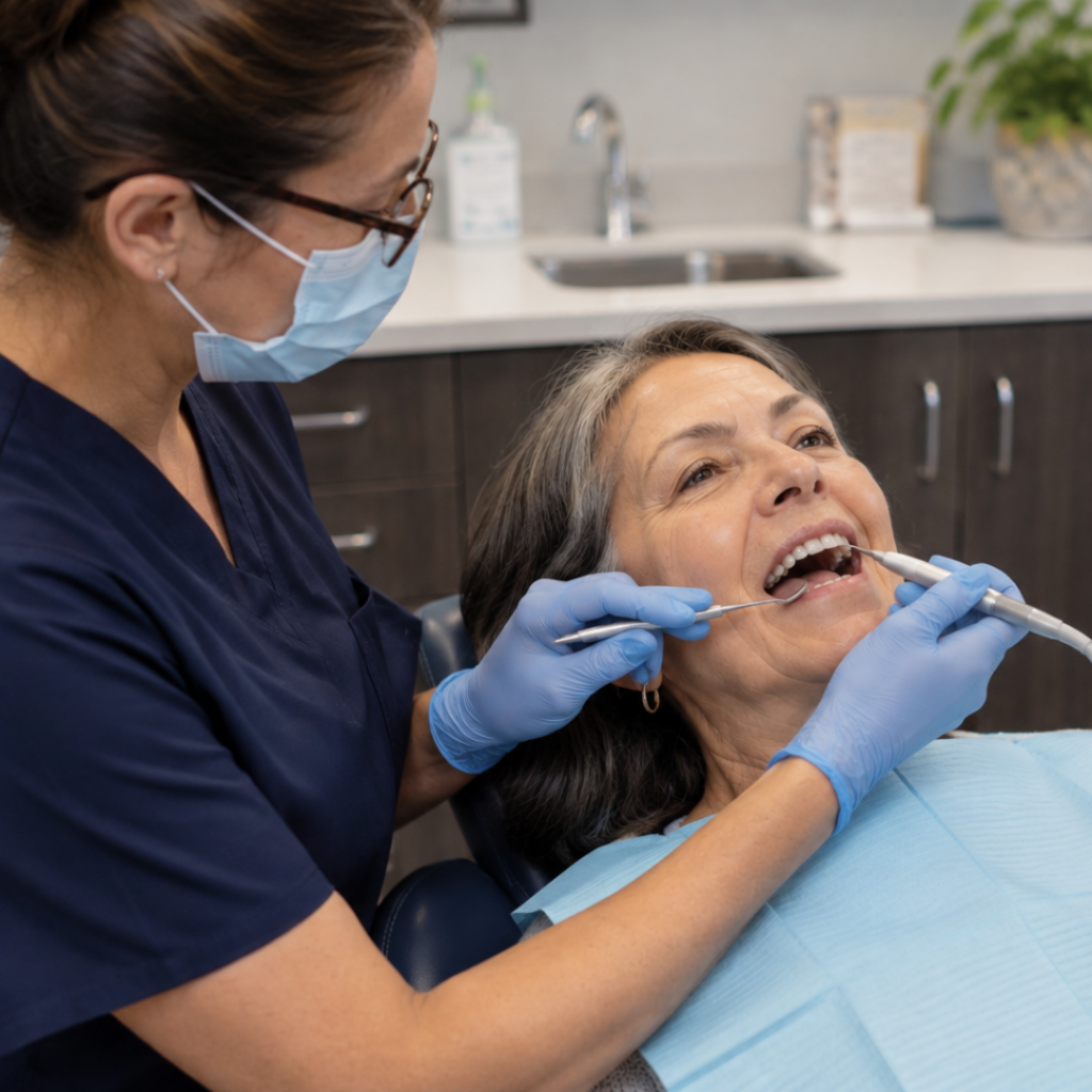 Woman is laying in dental chair getting her teeth cleaned and discussing the importance of Oral Health