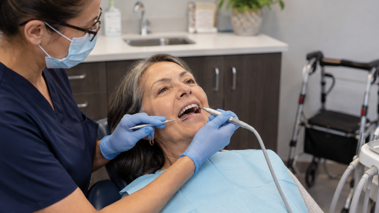 Woman is laying in dental chair getting her teeth cleaned and discussing the importance of Oral Health