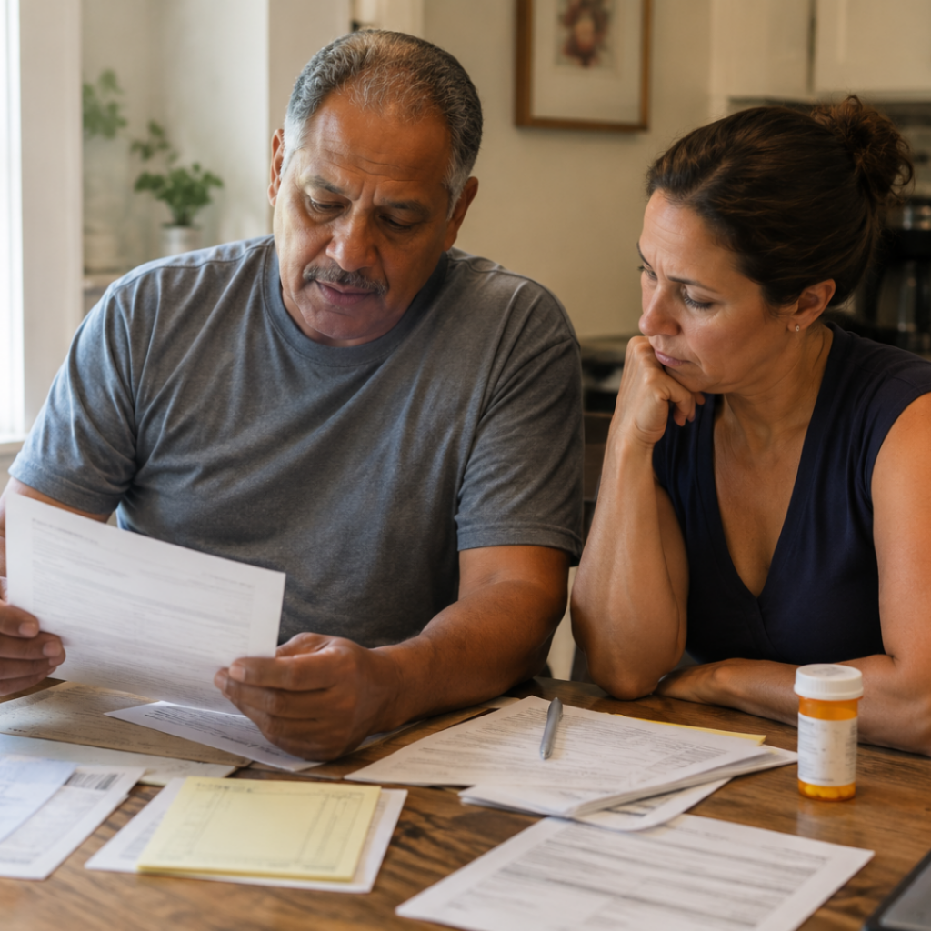 Man and woman sit at table, reviewing their healthcare costs | Charitable Patient Assistance Foundations vs. Manufacturer PAPs: How They Differ
