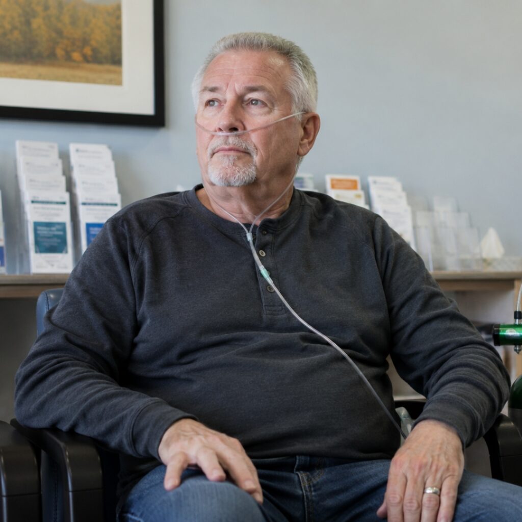 Man with nasal cannula and oxygen tank sits in the waiting room for his appointment | Pulmonary Fibrosis