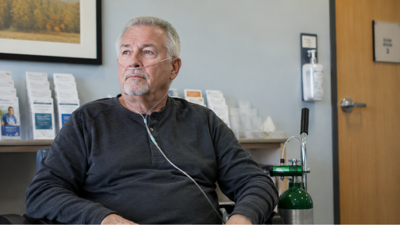 Man with nasal cannula and oxygen tank sits in the waiting room for his appointment | Pulmonary Fibrosis