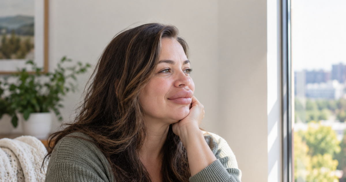 Woman with Hereditary Angioedema sits with a soft smile as she looks outside the window