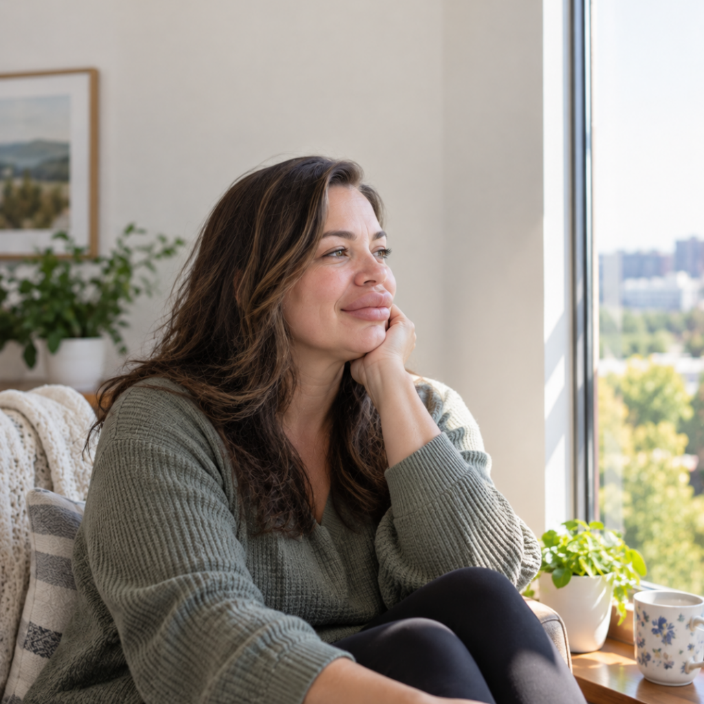 Woman with Hereditary Angioedema sits with a soft smile as she looks outside the window