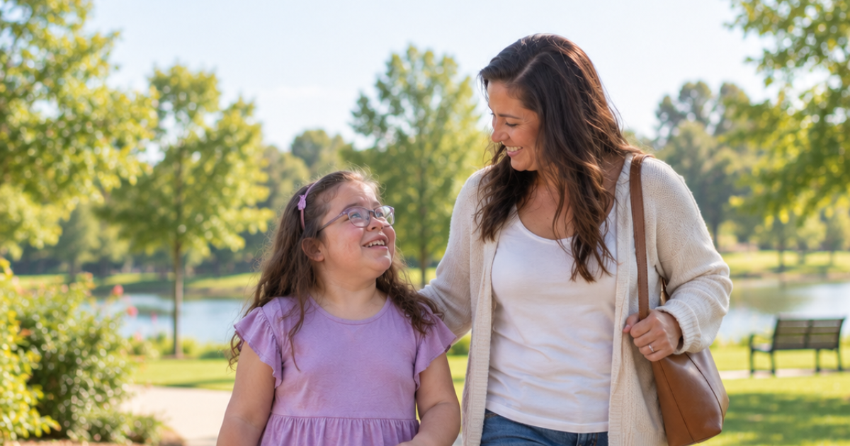 Daughter with MPS I and her mother are walking in the park | MPS I Symptoms, Care, and Available Support