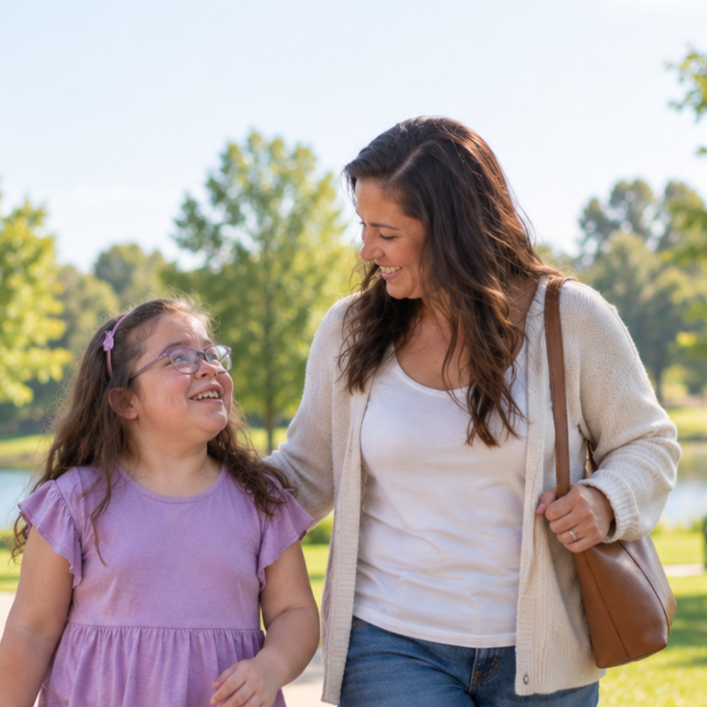 Daughter with MPS I and her mother are walking in the park | MPS I Symptoms, Care, and Available Support