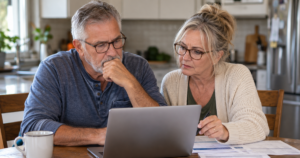 Man and woman sitting at a table, looking at a laptop with documents scattered about | Preparing for Open Enrollment with Accessia Health
