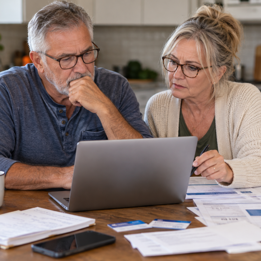 Man and woman sitting at a table, looking at a laptop with documents scattered about | Preparing for Open Enrollment with Accessia Health