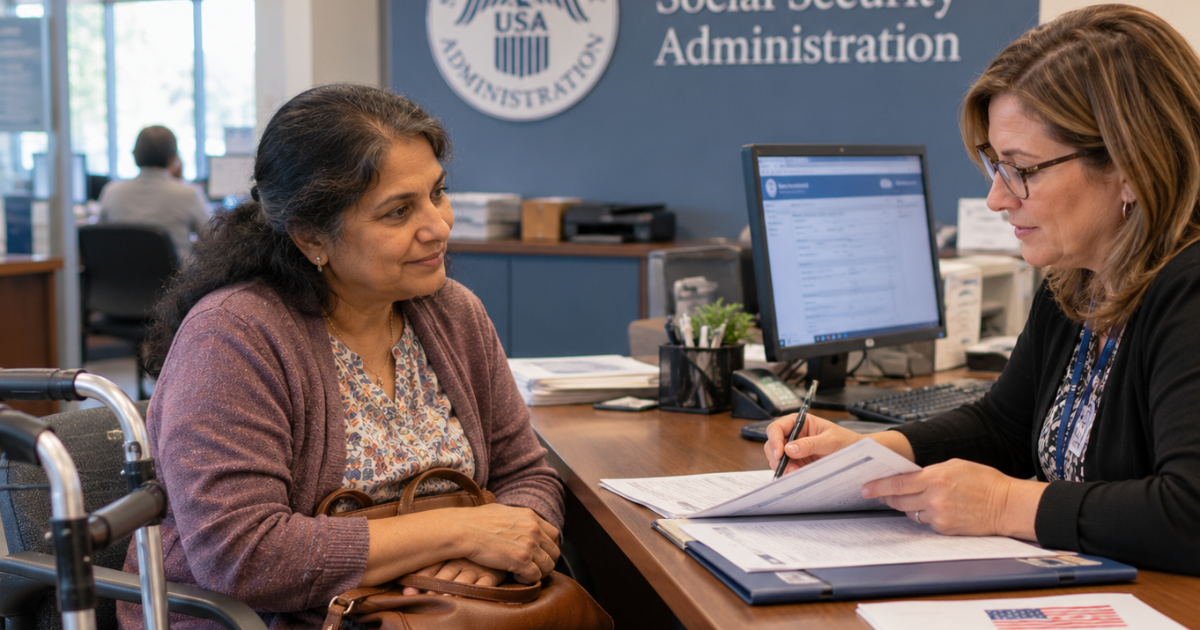 Woman visiting the Social Security office to receive workplace rights support for applying for SSDI and SSI for her chronic illness