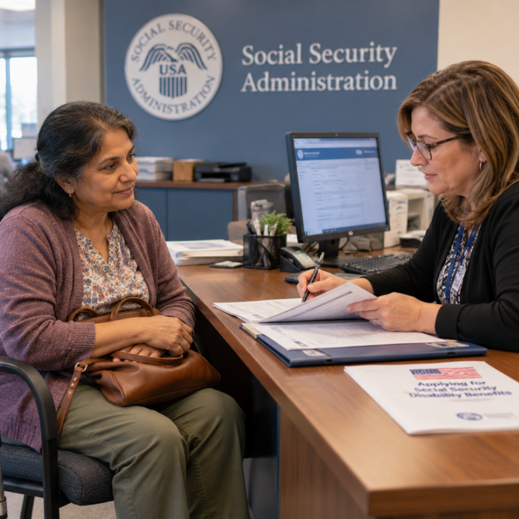 Woman visiting the Social Security office to receive workplace rights support for applying for SSDI and SSI for her chronic illness